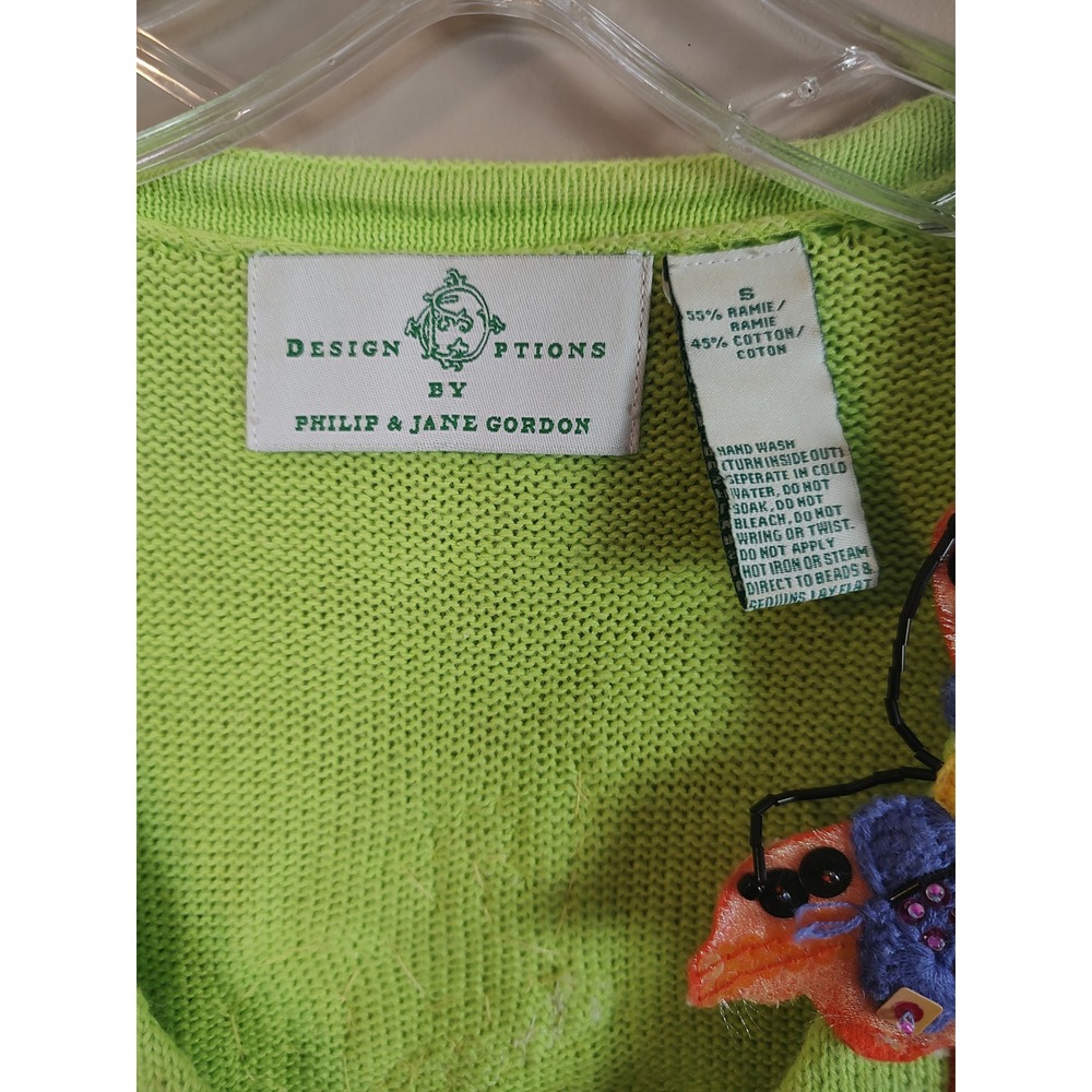 Design Options Philip Jane Gordon Lime Green Butterfly Floral Beaded Cardigan S - Picture 9 of 10